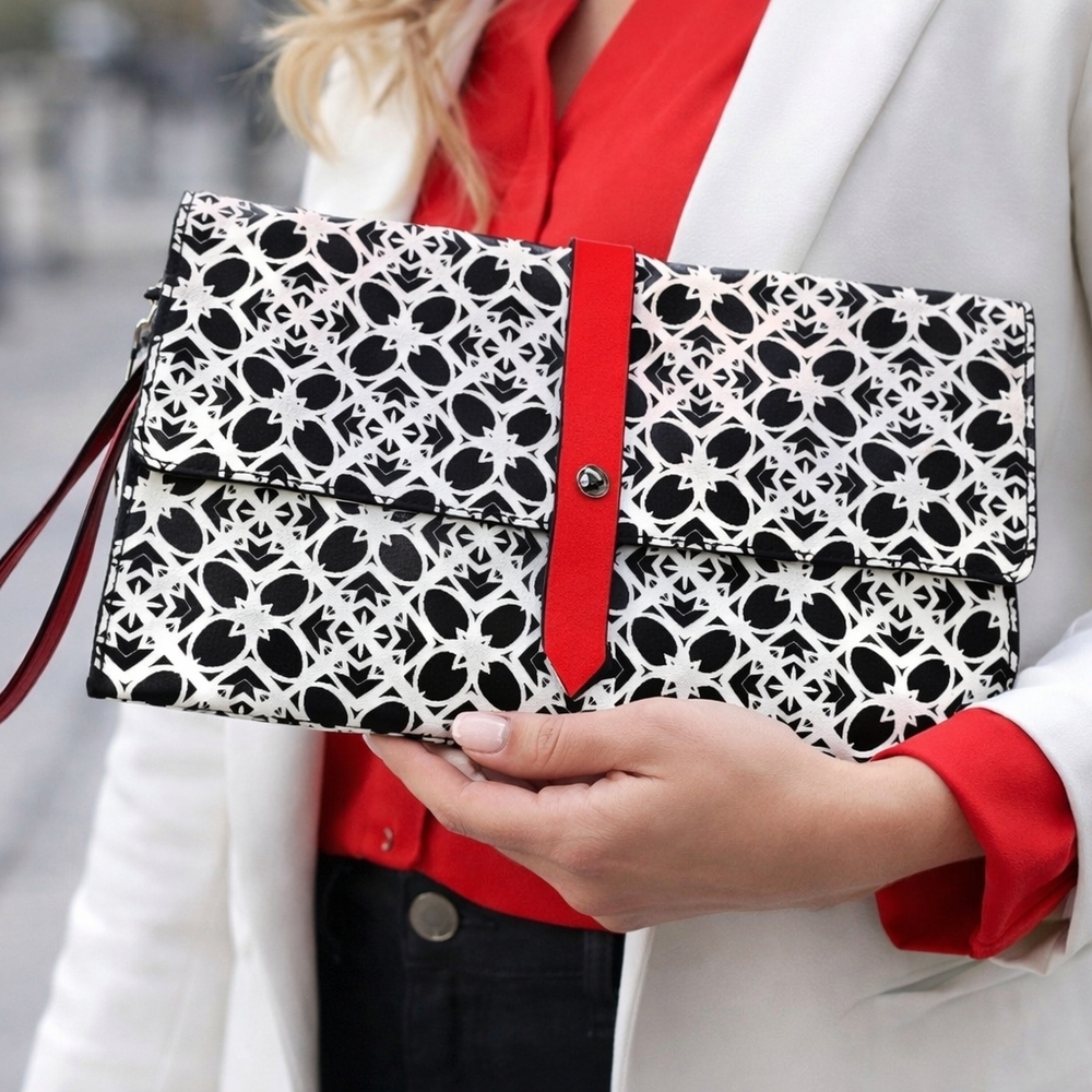 Black and White Clutch with Geometric Pattern, Red Accents, Elegant, Contempory